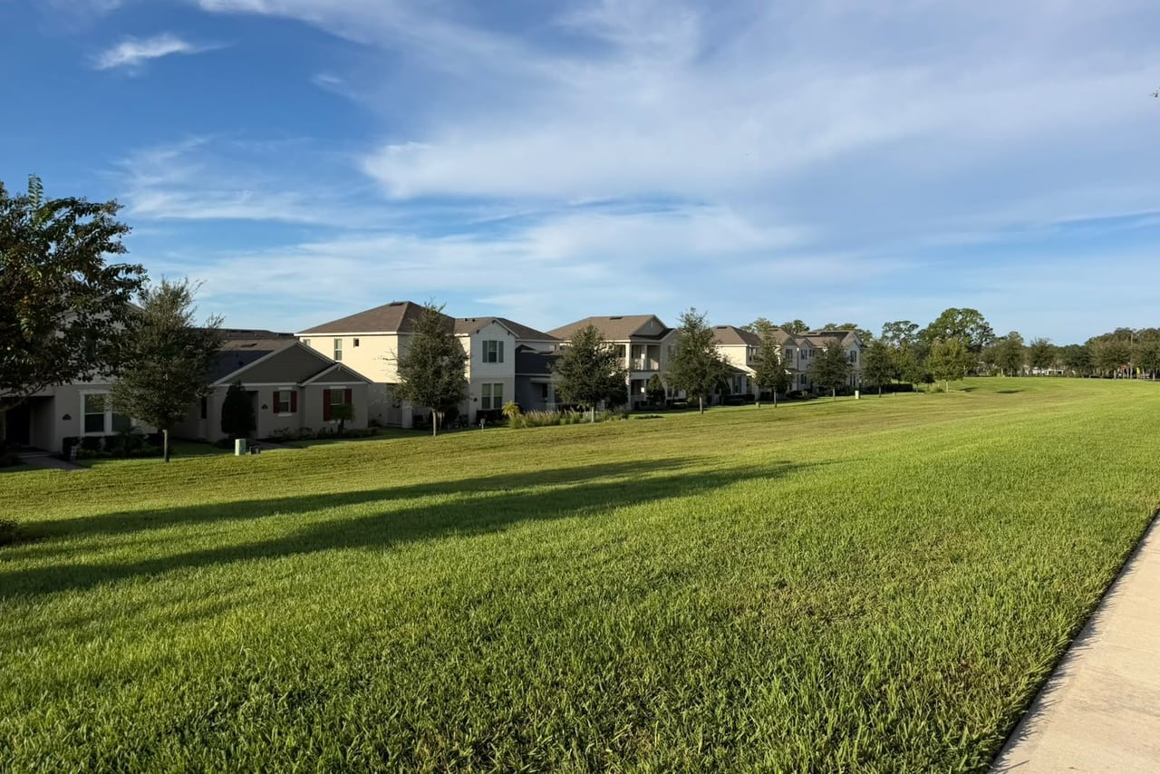 Gramado amplo entre as casas de um bairro residencial, sob céu azul