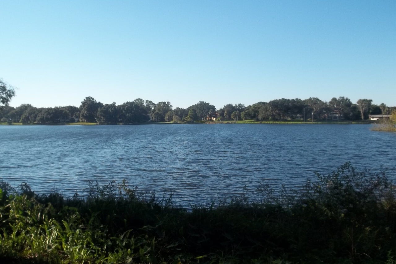 Lake Charm, em Oviedo, com casas entre árvores na margem oposta